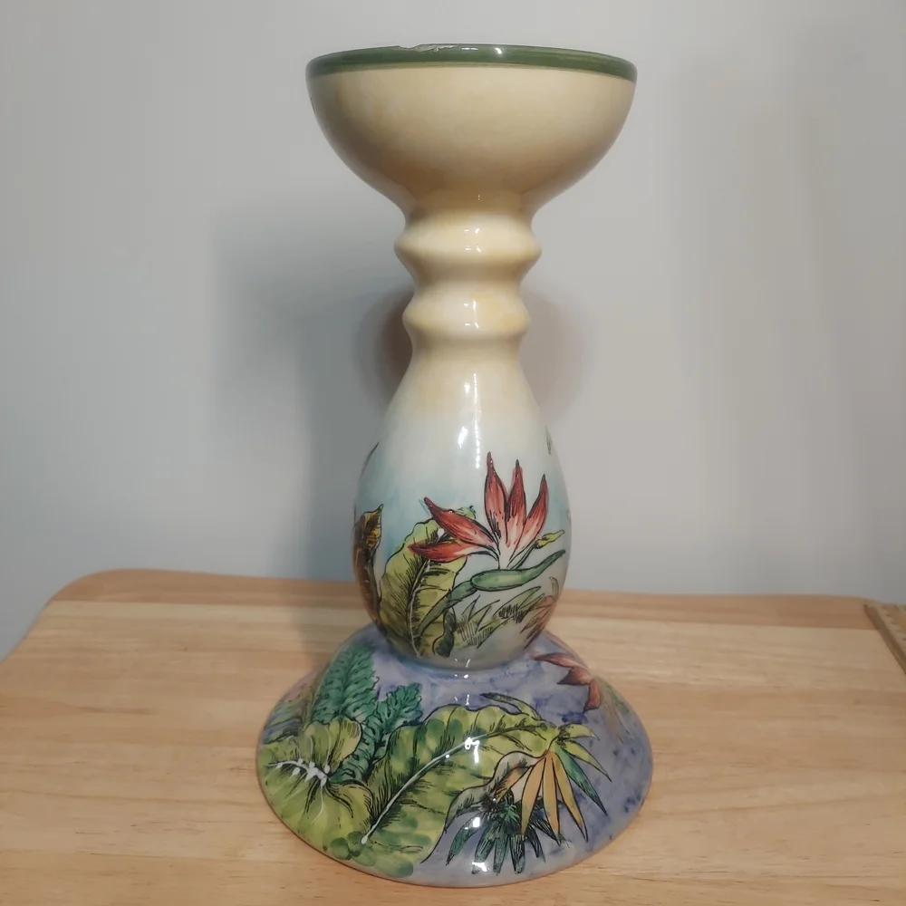 Vintage Hand-painted Large Ceramic Tropical Parrot Candle Holder